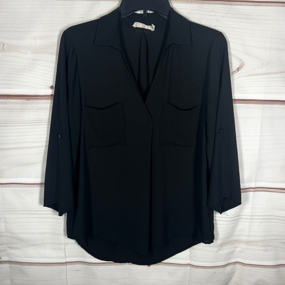 All In Favor Blouse Women Small Black Solid Roll Tab Sleeve V-Neck Pocket Top